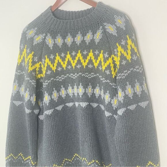 ZARA KNIT Cotton Icelandic Skandinavian Fair Isle Sweater Gray Yellow M #AP - Picture 4 of 7